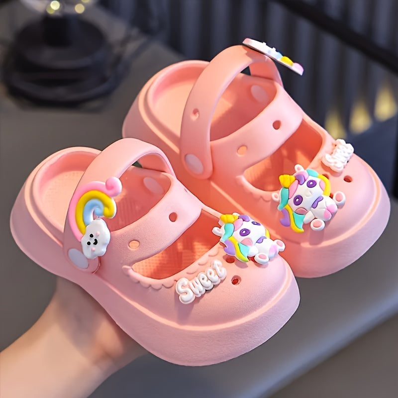 Girls' Cartoon Clogs in Pink and White with Charms for All-Season Indoor Outdoor Use