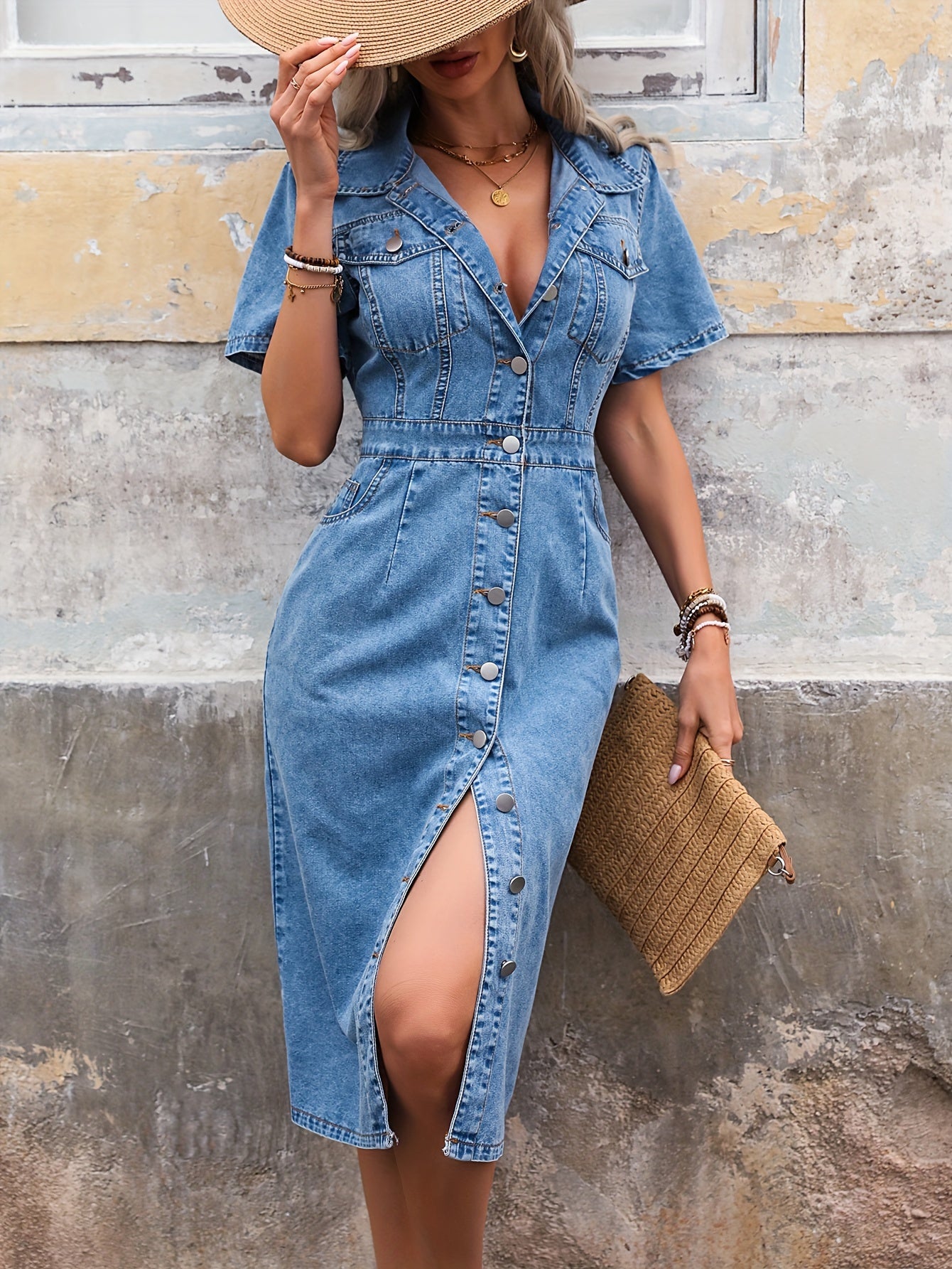 Women's Light Blue Denim Dress with Short Sleeves and Button Front