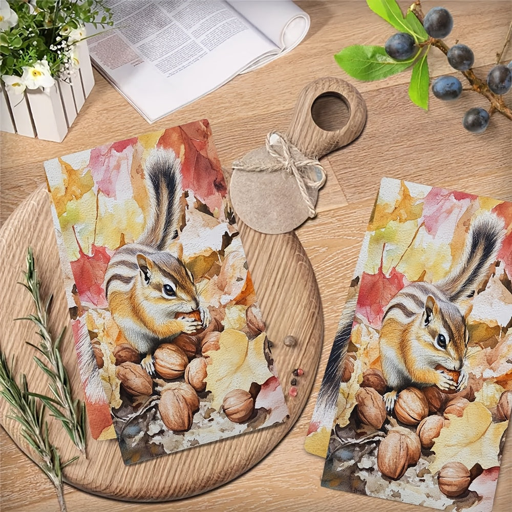 Set of 2 Ultra Soft Kitchen Towels with Chipmunk and Autumn Nuts Design, 40x60 cm