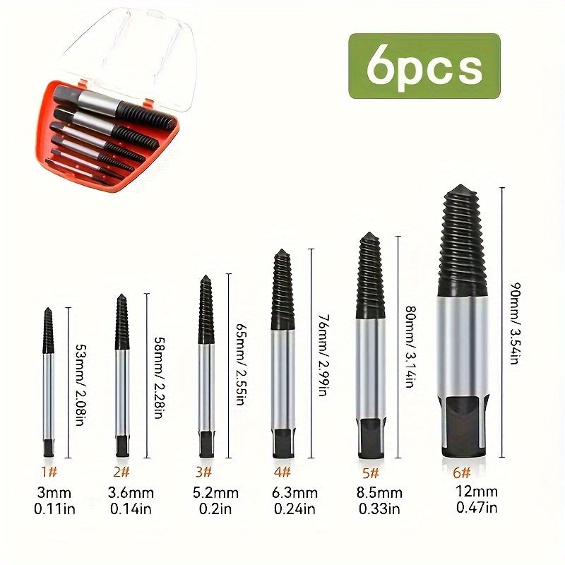 6-Piece Metal Screw Extractor Set for Broken Bolts and Damaged Screws