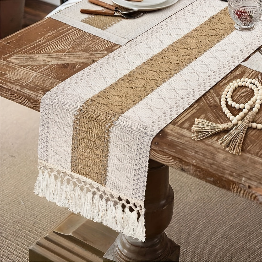 Linen Bohemian Chic Table Runner with Tassels for Weddings Dining and Home Decor