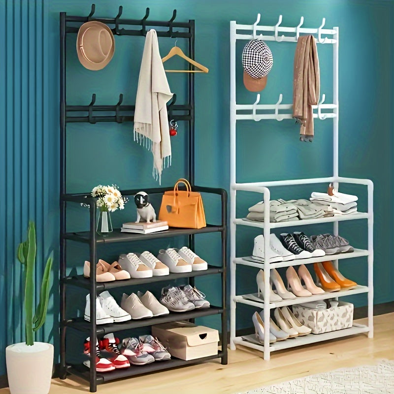 Black Metal Entryway Organizer Coat Rack with Hooks and Shoe Shelves 152.4cm