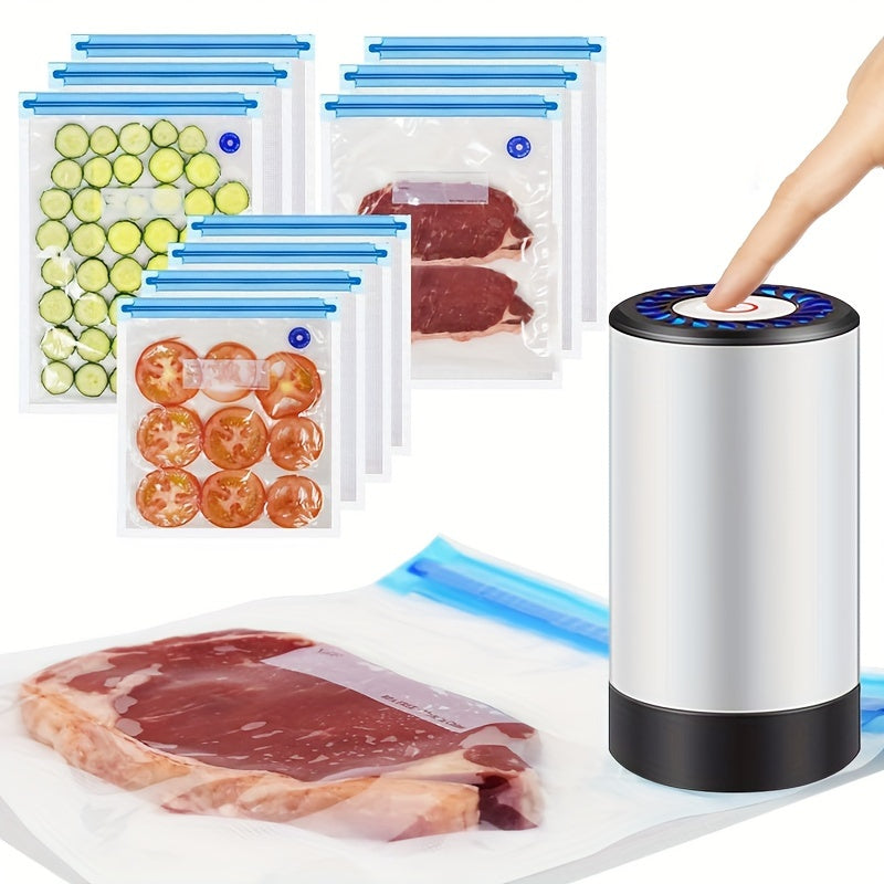 Electric Food Vacuum Sealer Set with 3 Sizes, Rechargeable Handheld Sealer, Includes Measurement Markings and Blue Zipper Bags