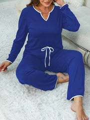 Plus Size Lounge Set Women Notched Neck Long Sleeve Tee & Lace Up Pants