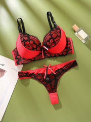 Lace Color Block Bralette Set with Matching Thong for Women B-Cup Medium Support