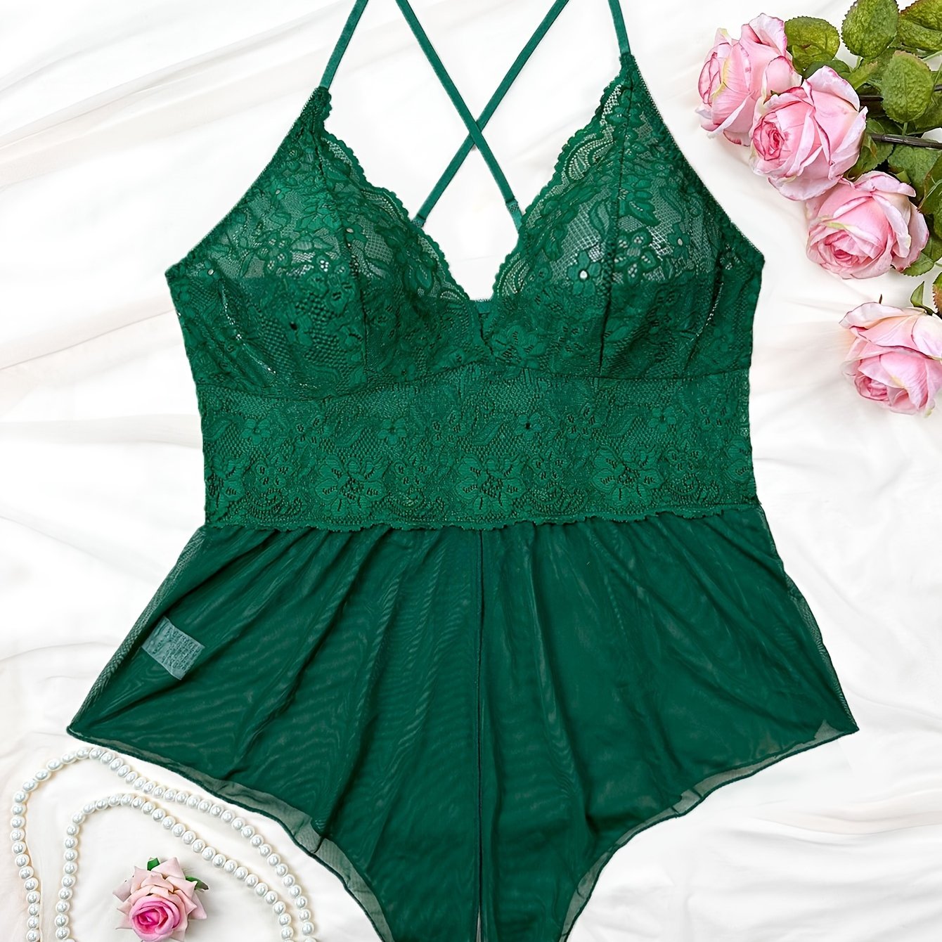 Купальник для женщин больших размеров из кружева и сетки, однотонный, изумрудно-зеленый, полупрозрачный, с регулируемыми бретелями