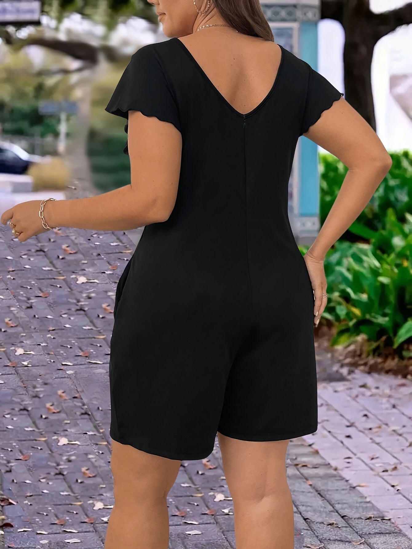 Plus Size Women's Off-Shoulder Jumpsuit with Pockets Black Polyester