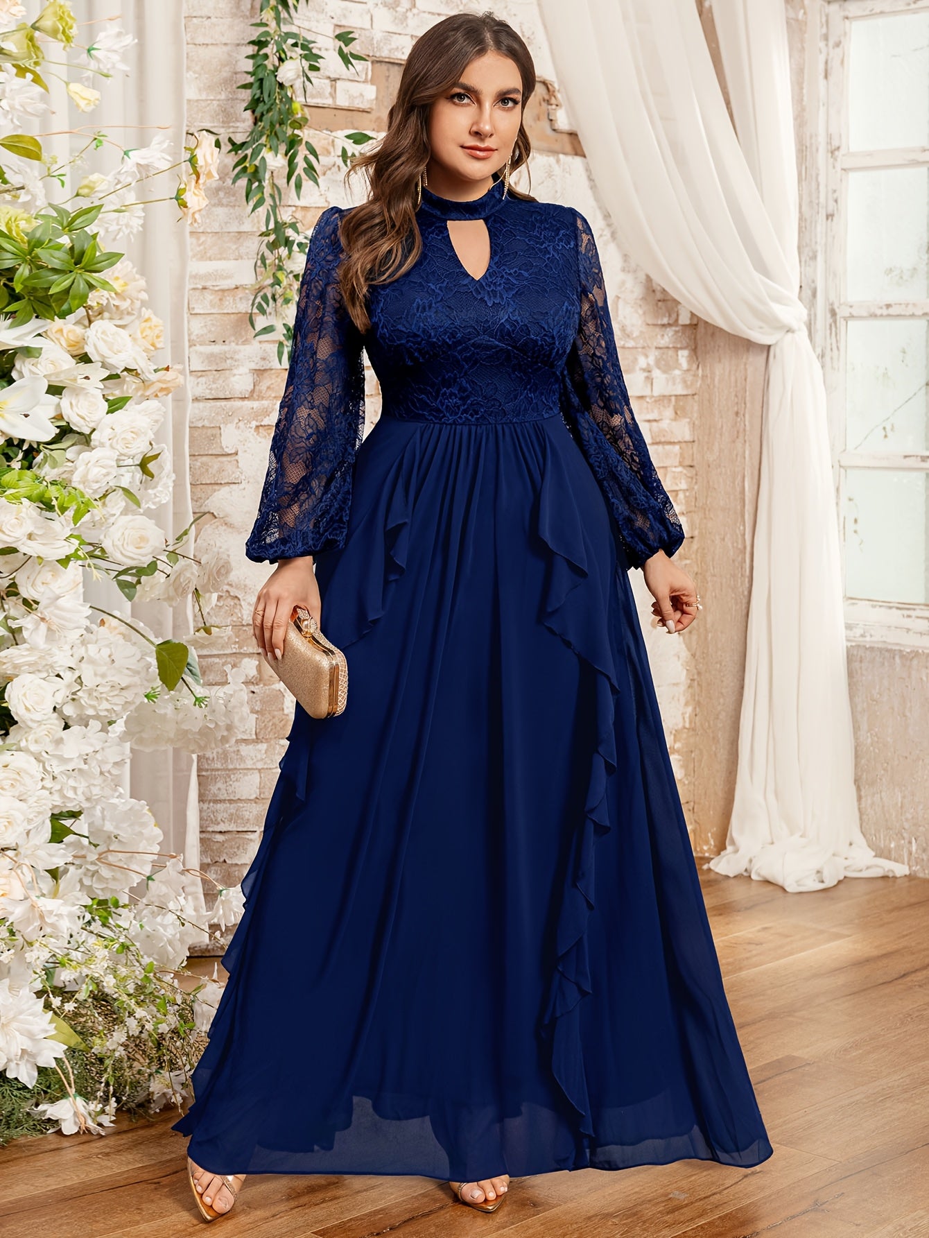 Plus Size Women Long Gown Lace Ruffled Hem Formal Evening Dress