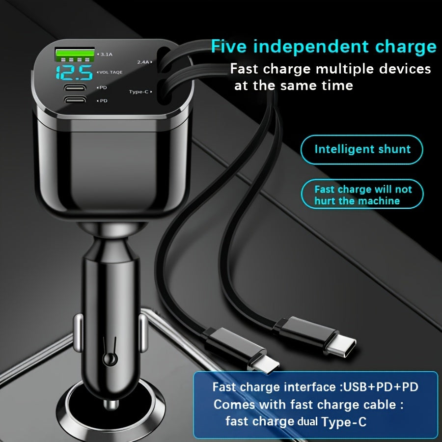 4-in-1 Fast Charging Car Charger with Retractable Cable Dual PD Ports