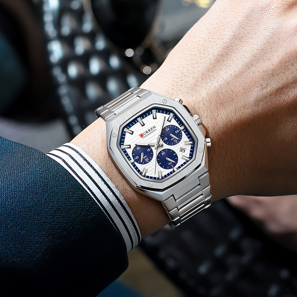 Reloj de pulsera con esfera retro cuadrada para hombres, acero inoxidable, cuarzo, cronógrafo