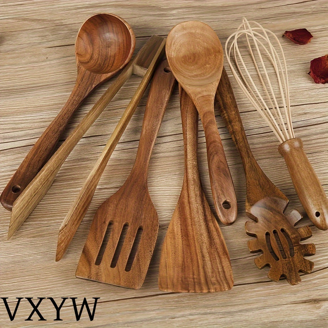 Set of 7 Wooden Cooking Utensils Non-Stick Safe Kitchen Gadgets and Accessories