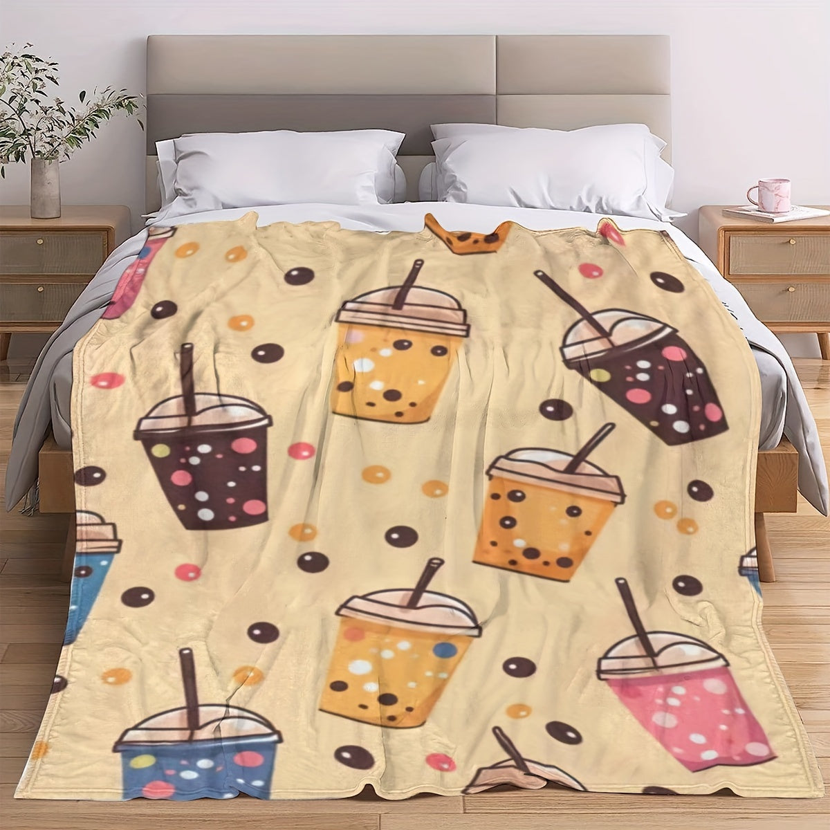 Modern Boba Tea Cartoon Bubble Pattern Flannel Throw Blanket Soft Lightweight for Bed Sofa