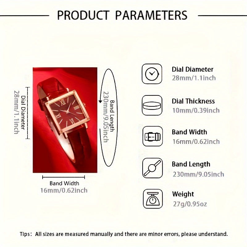 Set of 5 Women's Square Quartz Watches with Personalized Romantic Design and Matching Jewelry