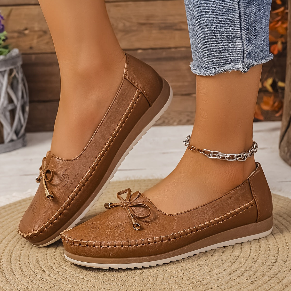 Women's Animal Print Slip-On Ballet Flats with Ankle Strap