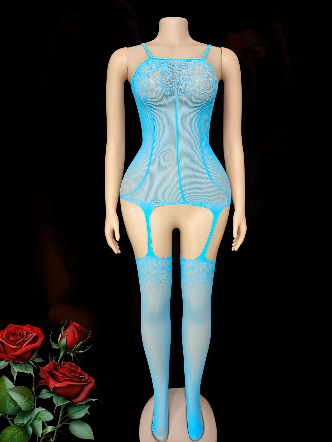 Women's Mesh Bodysuit and Tights Set Black Plus Size Hollow Fishnet