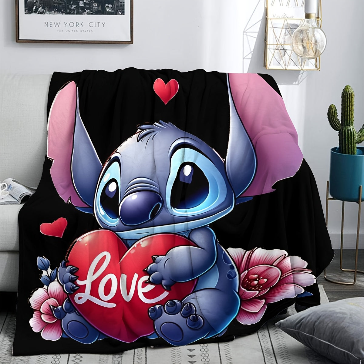 Cute Stitch Cartoon Love Heart Flannel Throw Blanket Soft Fleece All-Season