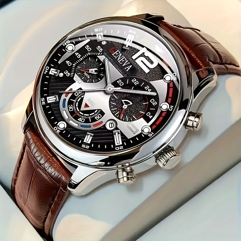 Men's Quartz Business Watch Set Alloy Case Faux Leather Strap Non-Rechargeable Battery