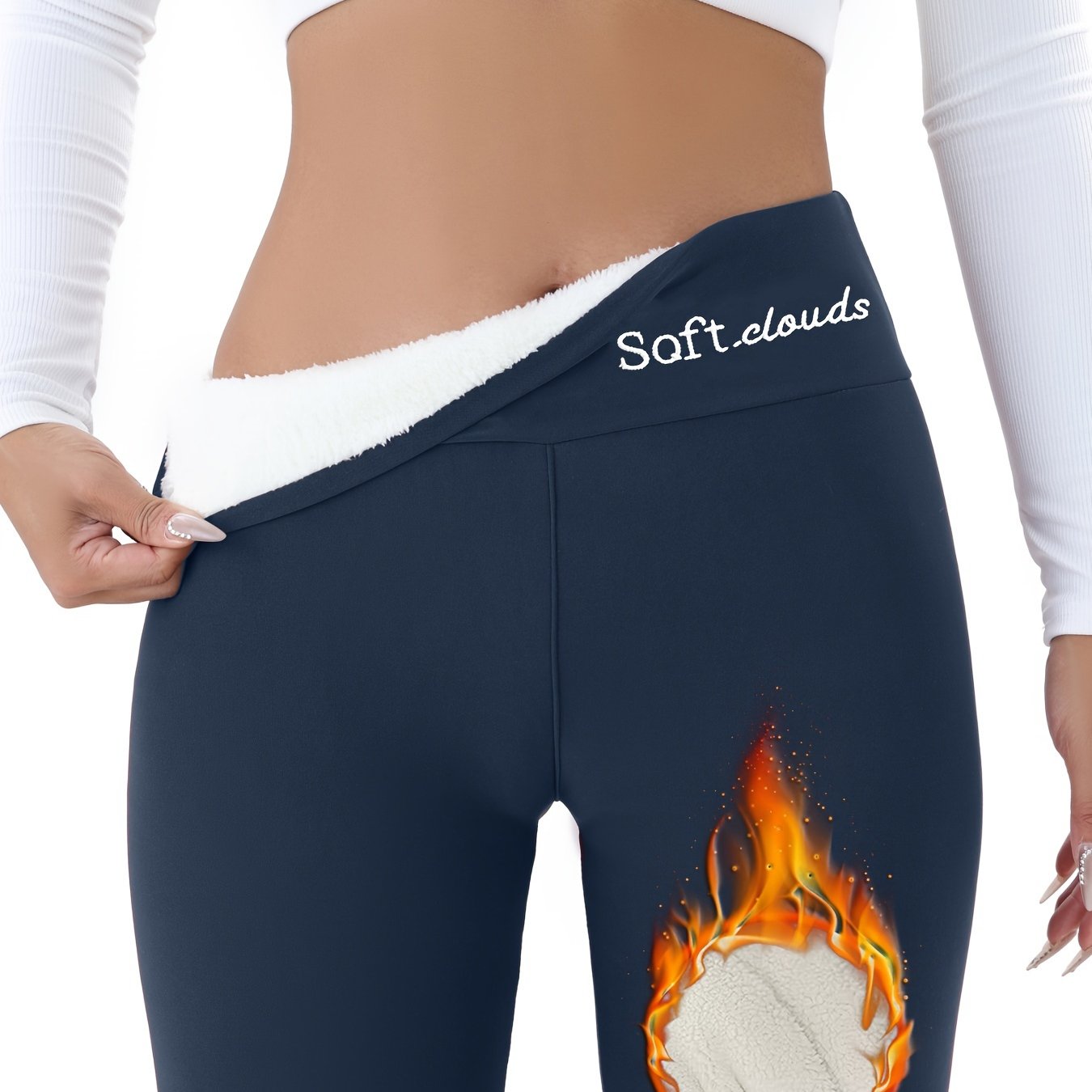 Women's Fleece-Lined Leggings with Embroidery and Flame Detail for Fall Winter
