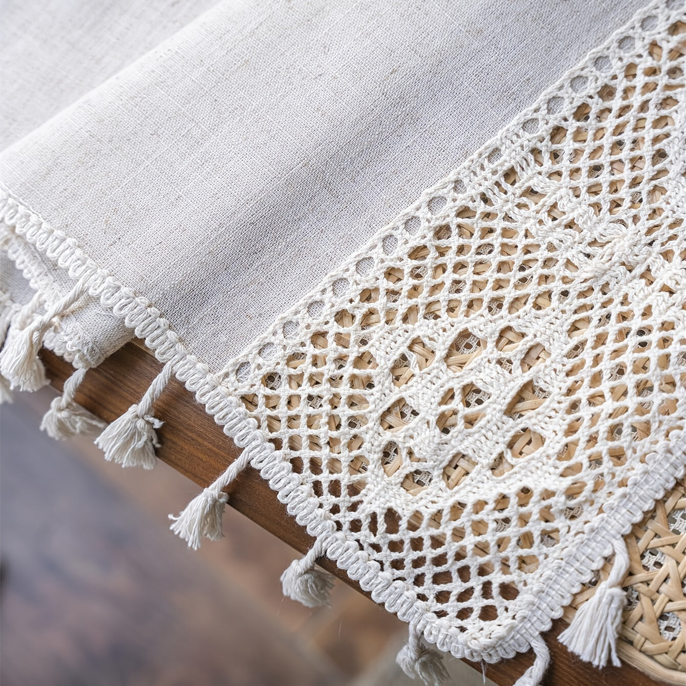 Linen Crochet Curtain with Tassels Semi-Sheer Rod Pocket Farmhouse Style for Living Room Bedroom Kitchen