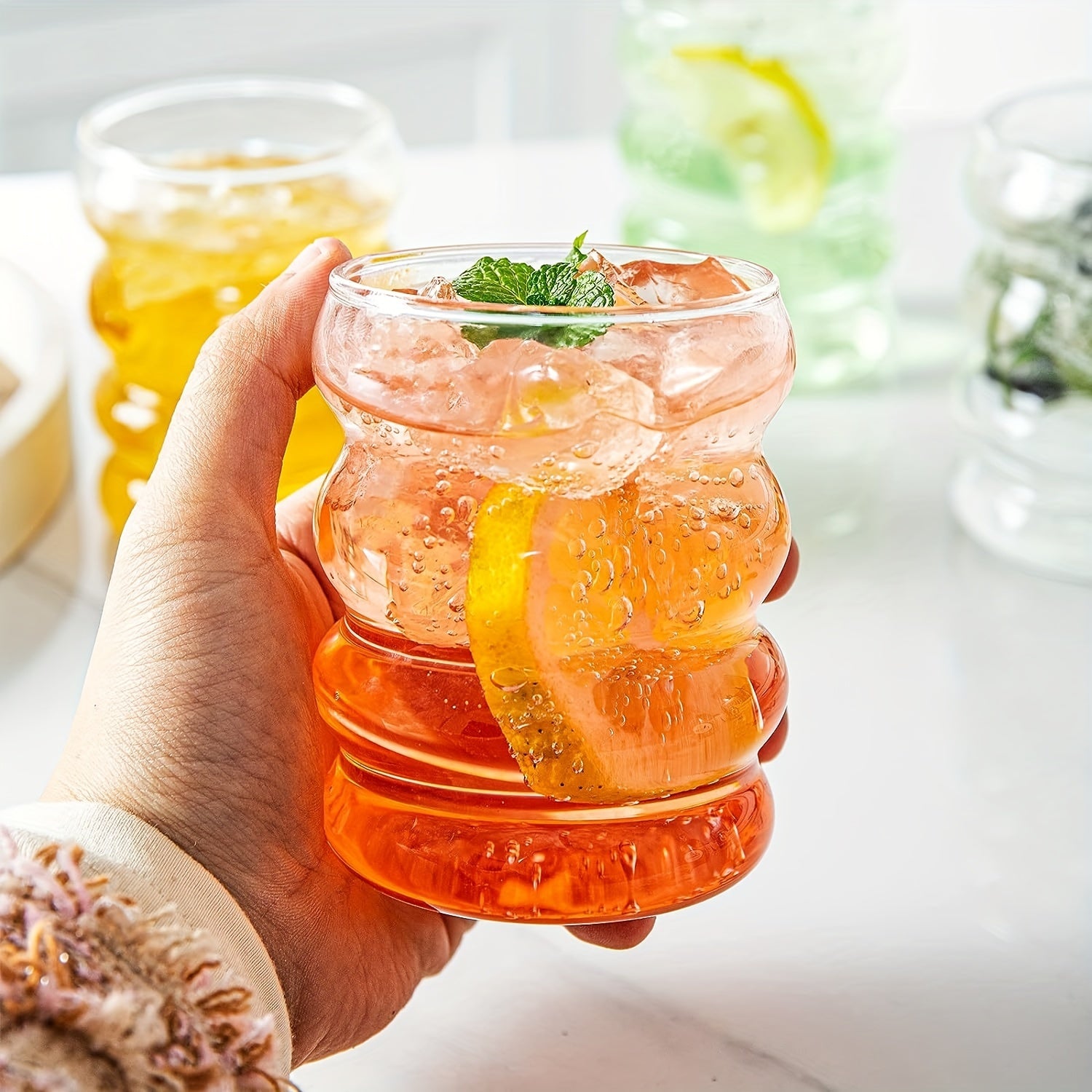 Set of 2 12oz Glass Cups with New Wave Design in Pearl Box for Coffee Juice Wine