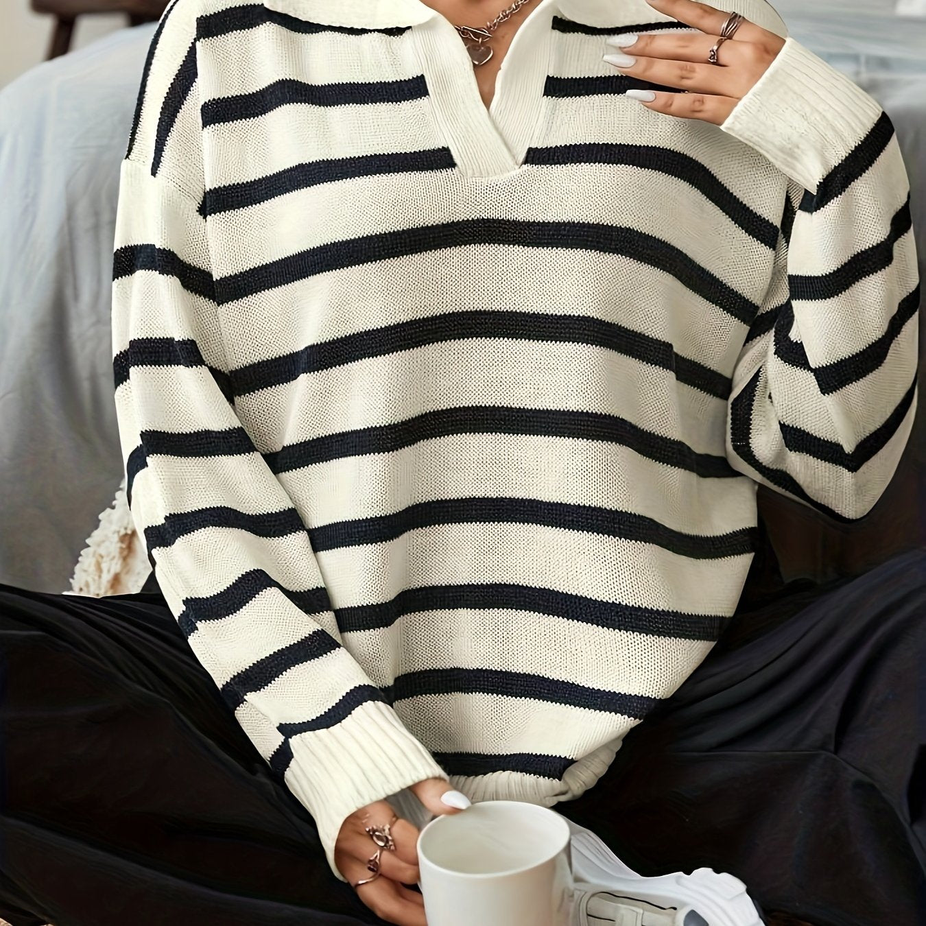 Plus Size Women's Striped Knit Long Sleeve Pullover Top for Fall Winter