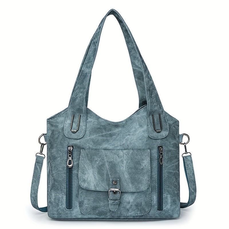 Retro Women's Shoulder Tote Bag Faux Leather Light Blue Blue Black Adjustable Zipper Pockets