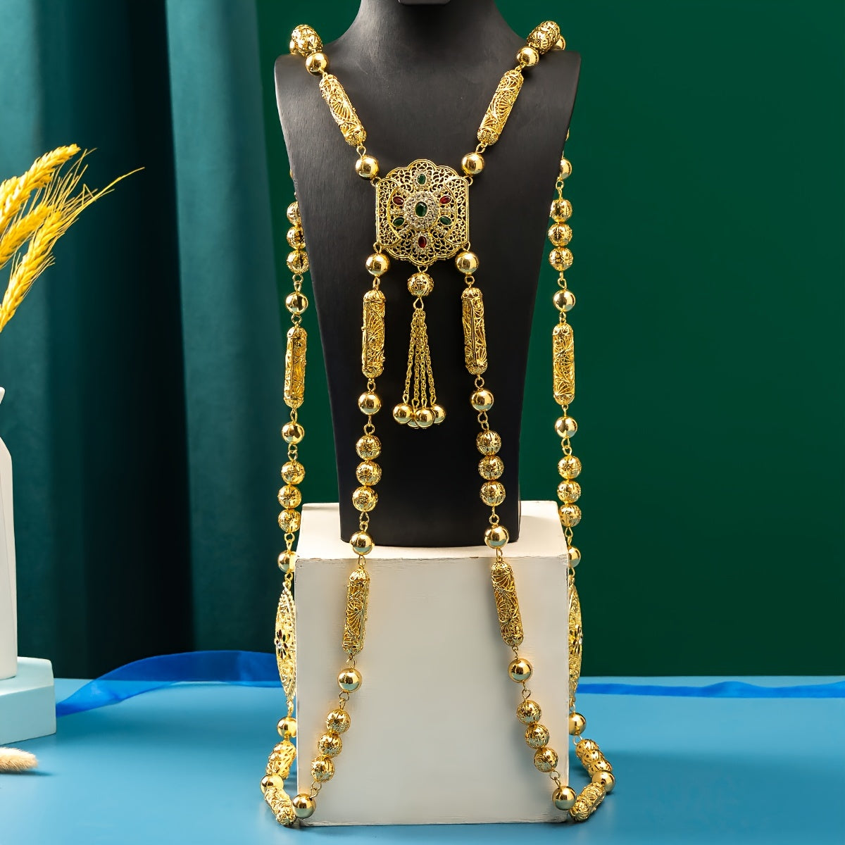 Gold Plated Arabian Body Chain with Flower Design Synthetic Stones for Weddings