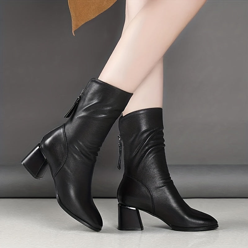 Women's Mid-Calf Chunky Heel Boots with Zipper for Casual Winter