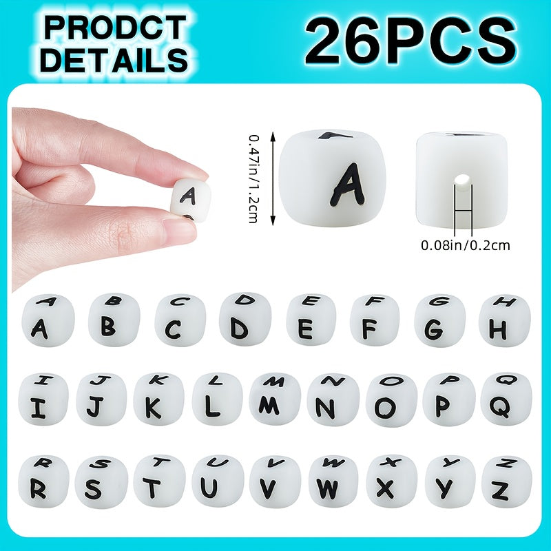 Set of 26 Glow-in-the-Dark Silicone Cube Beads for Jewelry and Crafts Includes Alphabet and Number Dice