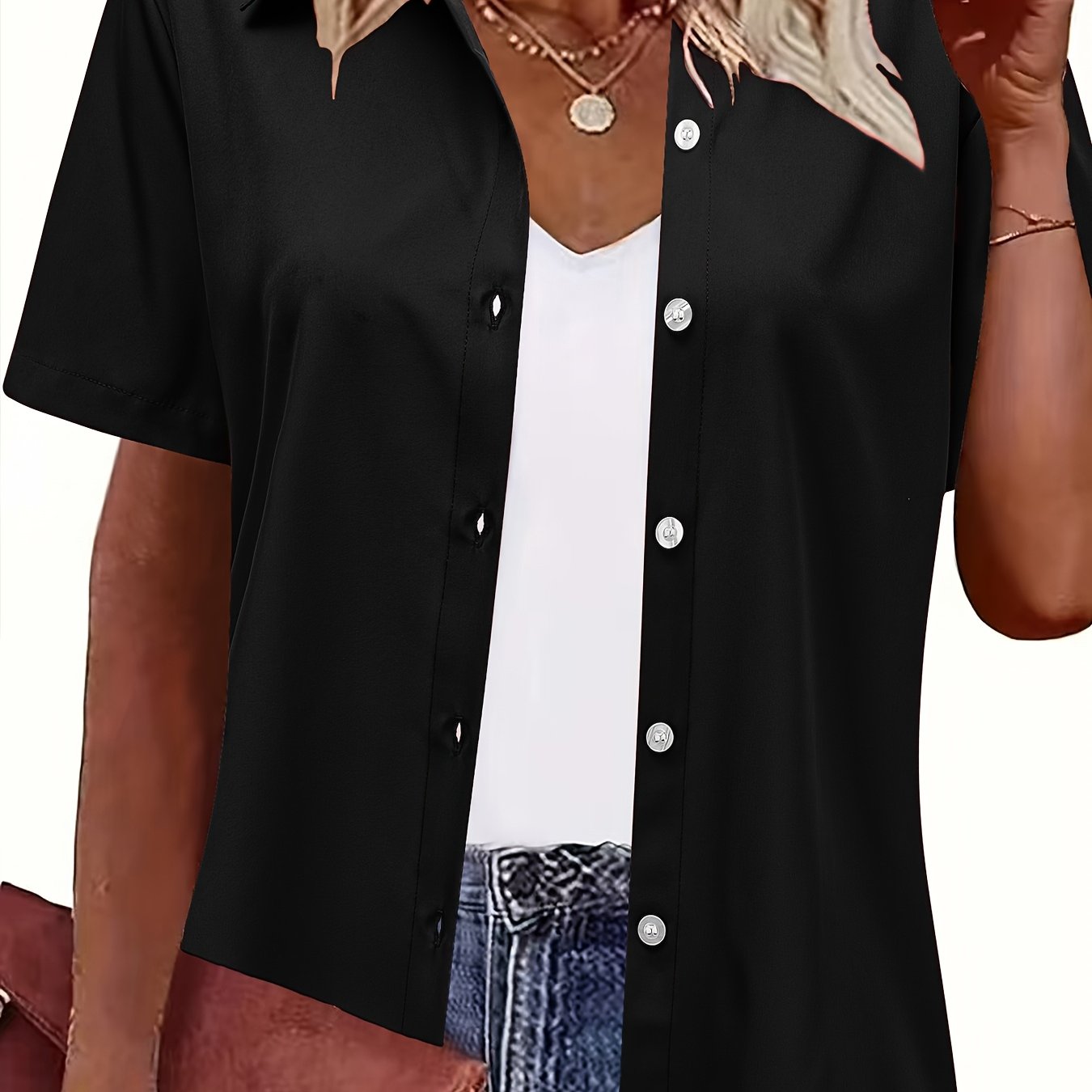 Plus-Size Women's Casual Shirt Short Sleeve Chic Top Black Size Large