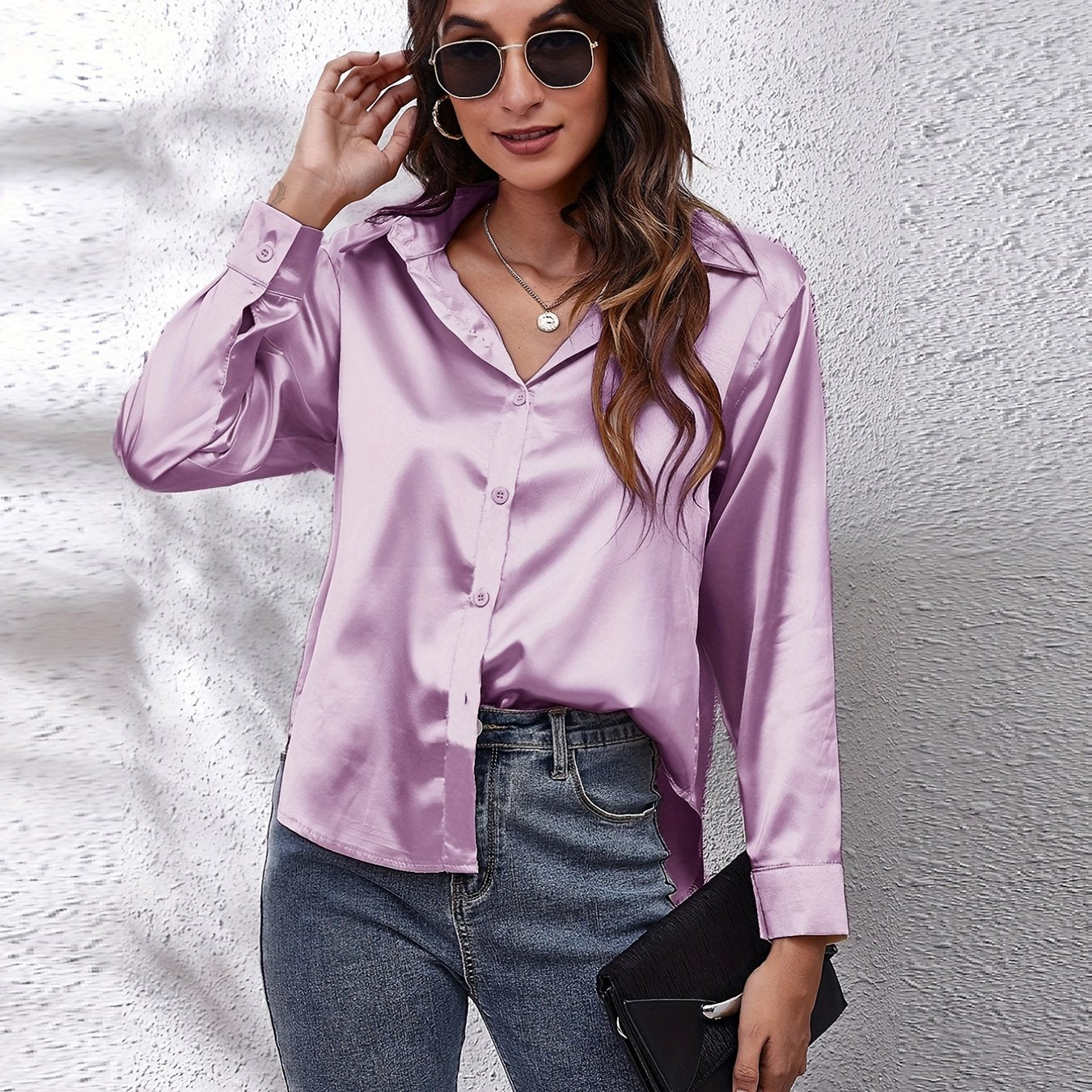 Women's Satin Shirt Long Sleeve Solid Color Lapel Collar Regular Length Single Breasted Elegant Polyester
