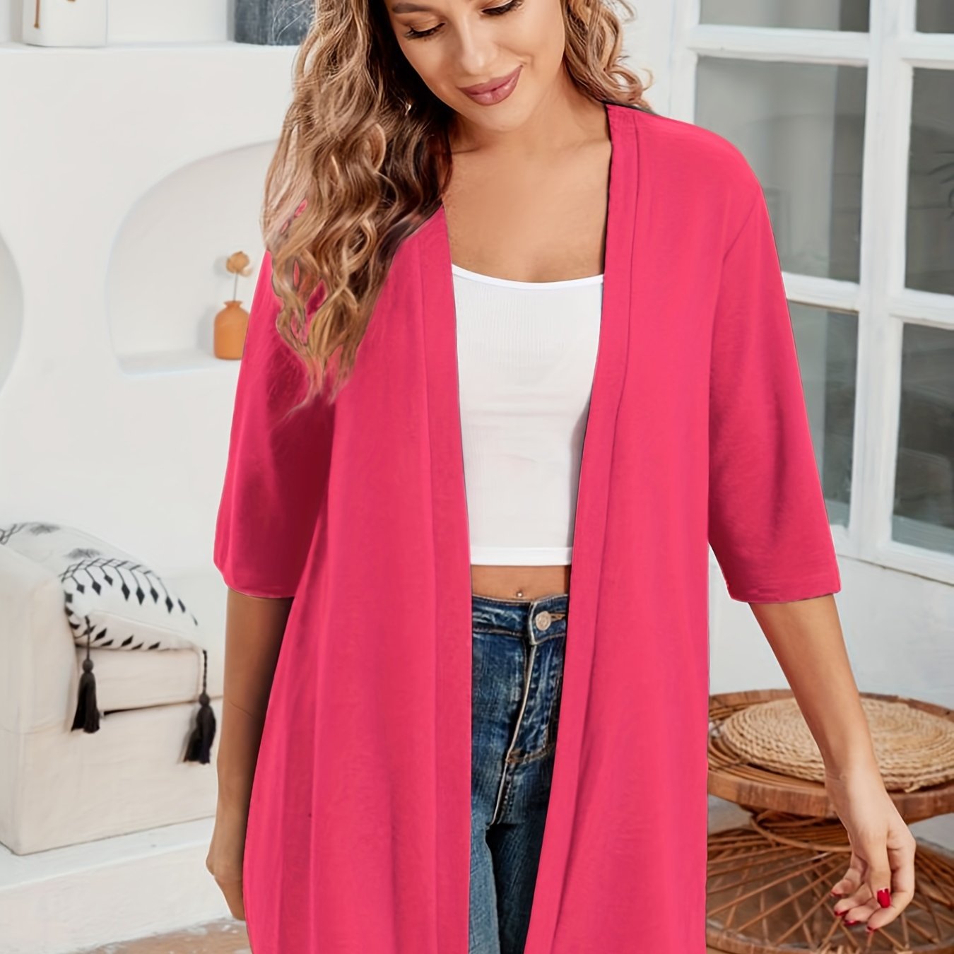 Plus Size Women's Cardigan Open Front Solid Color Half Sleeve Fall Winter