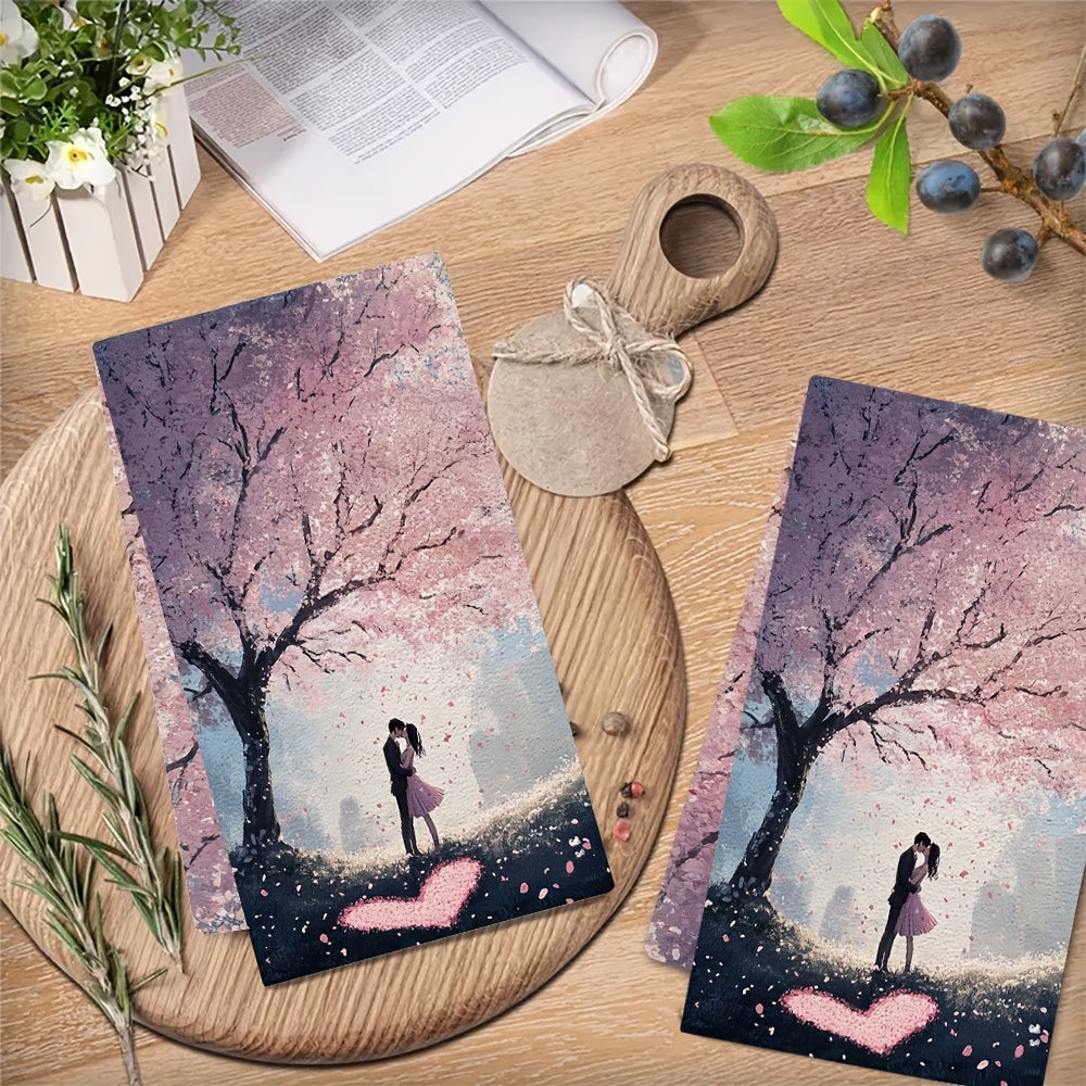 Kitchen Towels Set of 2 Ultra Soft Romantic Cherry Blossom Scene 16x24