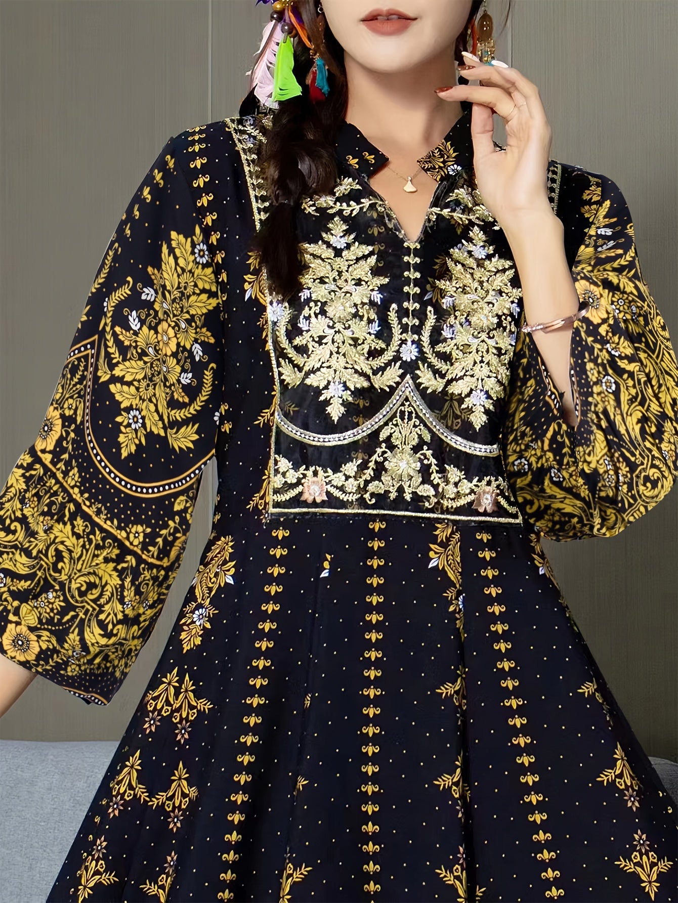 Women's Ethnic Floral Print Maxi Dress with V Neck, 3/4 Sleeves, Woven Polyester for Vacation