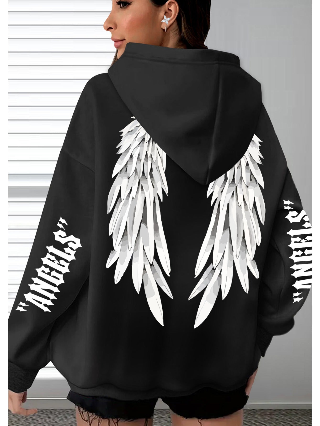 Plus Size Angel Wings Hoodie Soft Comfortable Long Sleeve Pullover with Pockets