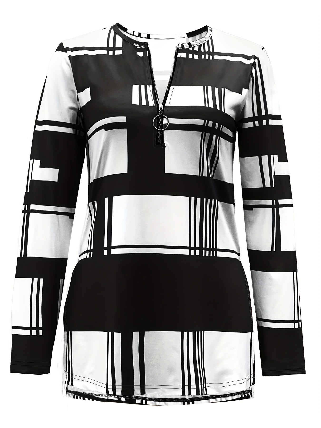 Women's Purple White Patchwork Zip-Up Long Sleeve Crew Neck Knit Top