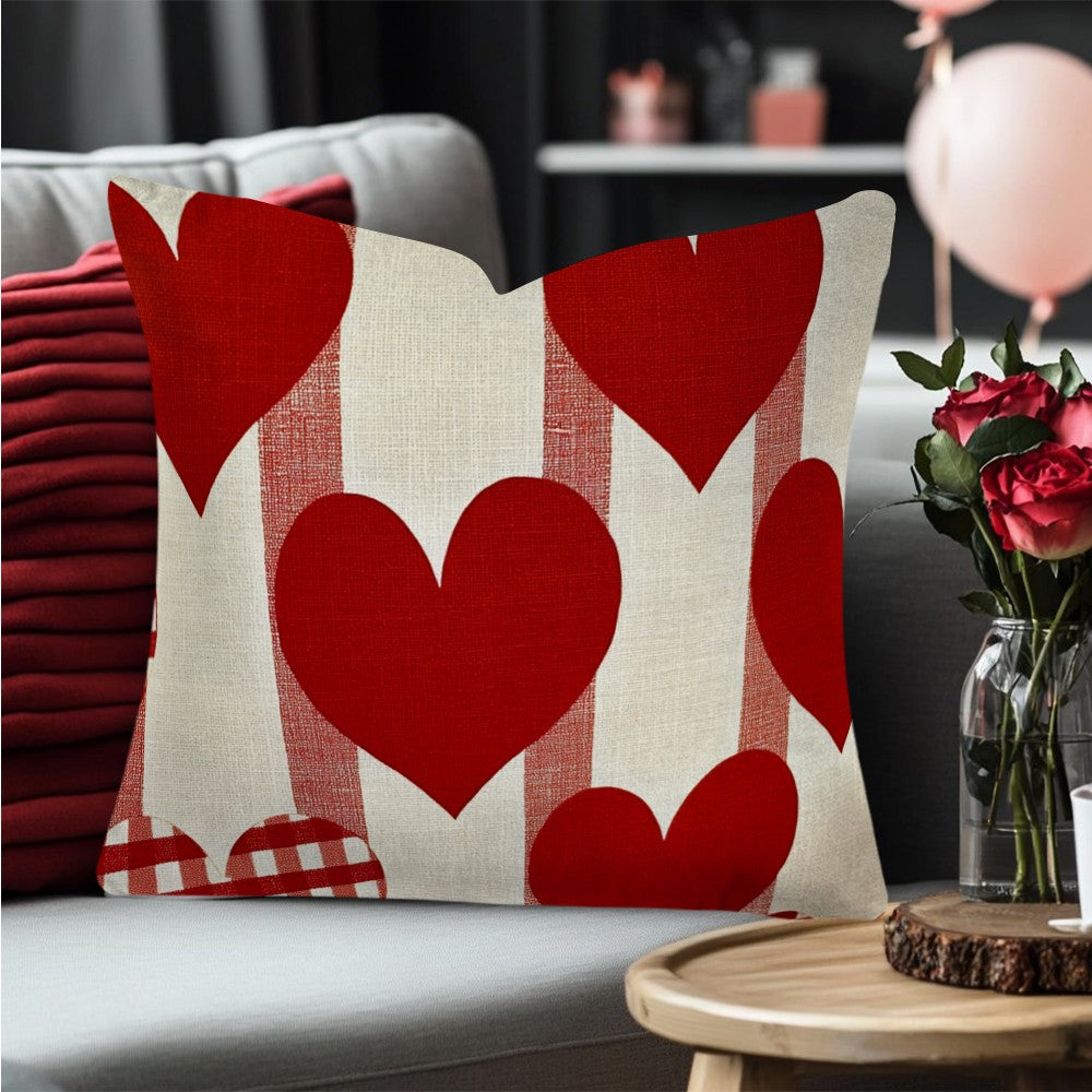 Valentine's Day Heart and Check Pattern Decorative Pillowcase 45cm Square Polyester Zippered Sofa Cushion Cover