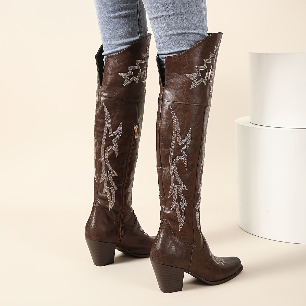 Women's Brown Faux Leather Over-the-Knee Western Boots with Zipper