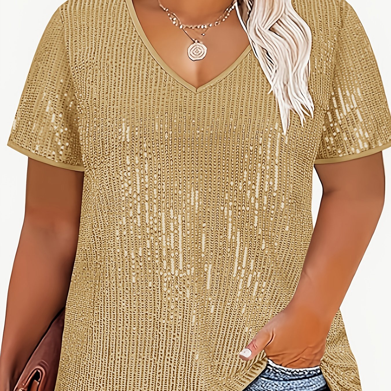 Plus Size Sequin V-Neck Blouse in Gold Yellow Polyester Short Sleeve Elegant