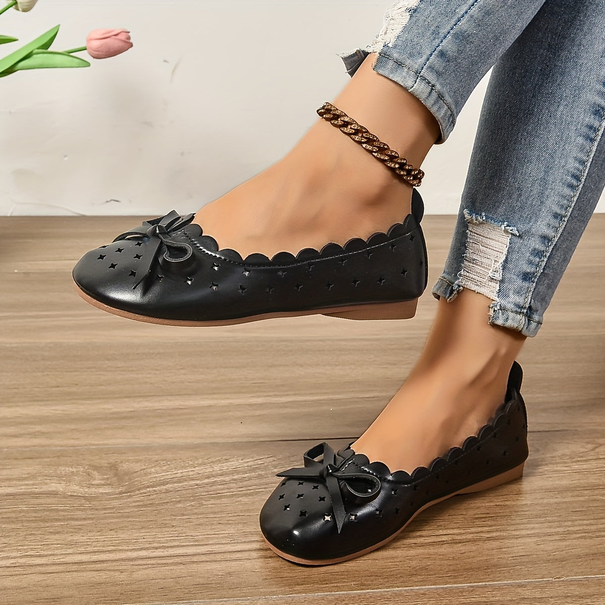 Women's All-Season Ballet Flats Breathable Slip-On Shoes with Bow Accents