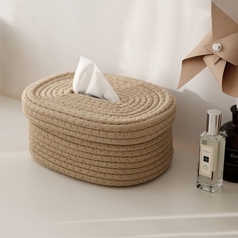 Beige Rope-Woven Tissue Box with Decorative Bow for Home Car or Office Use