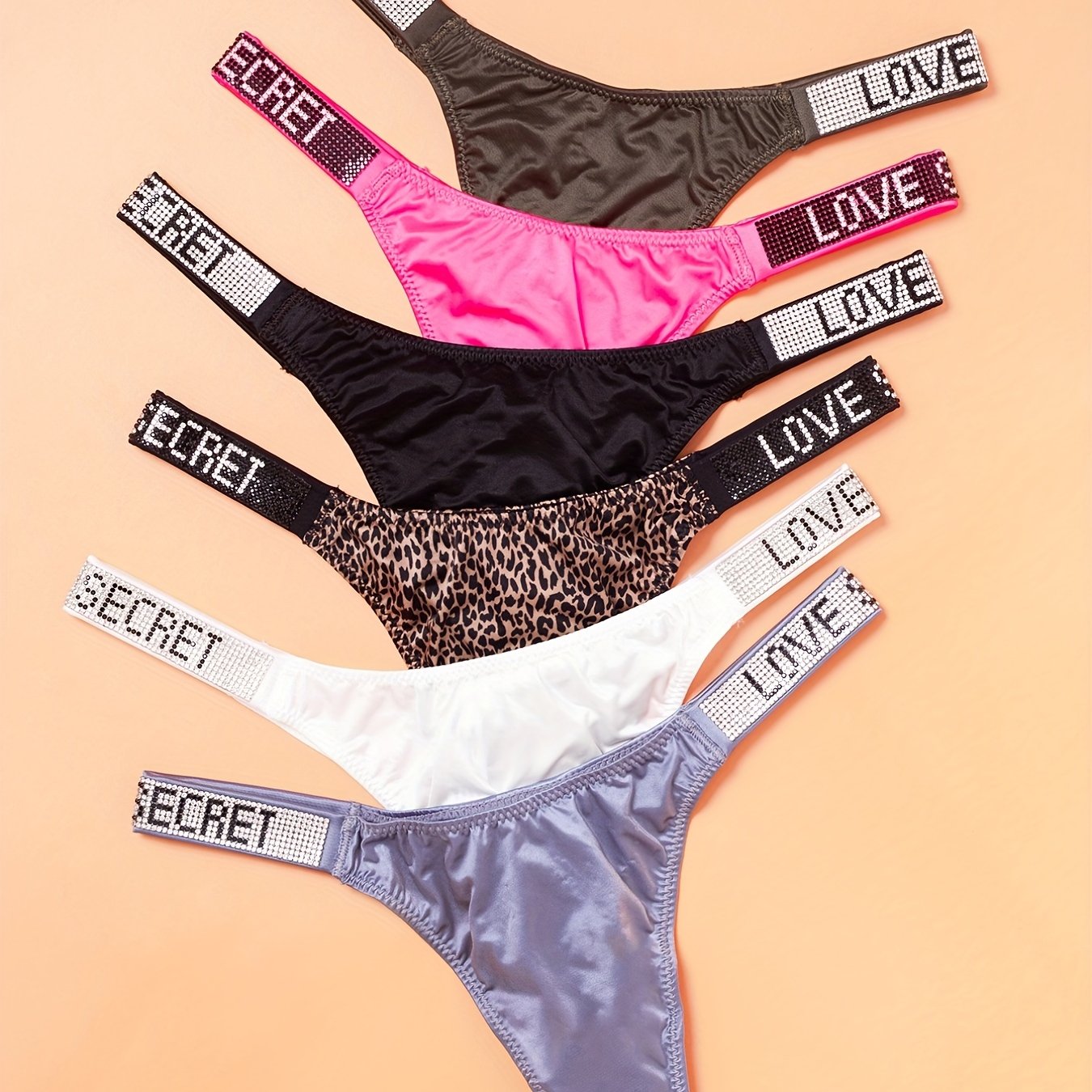 Women's Rhinestone Letter Thongs Low Waist Sports Lingerie Set 6 Pieces