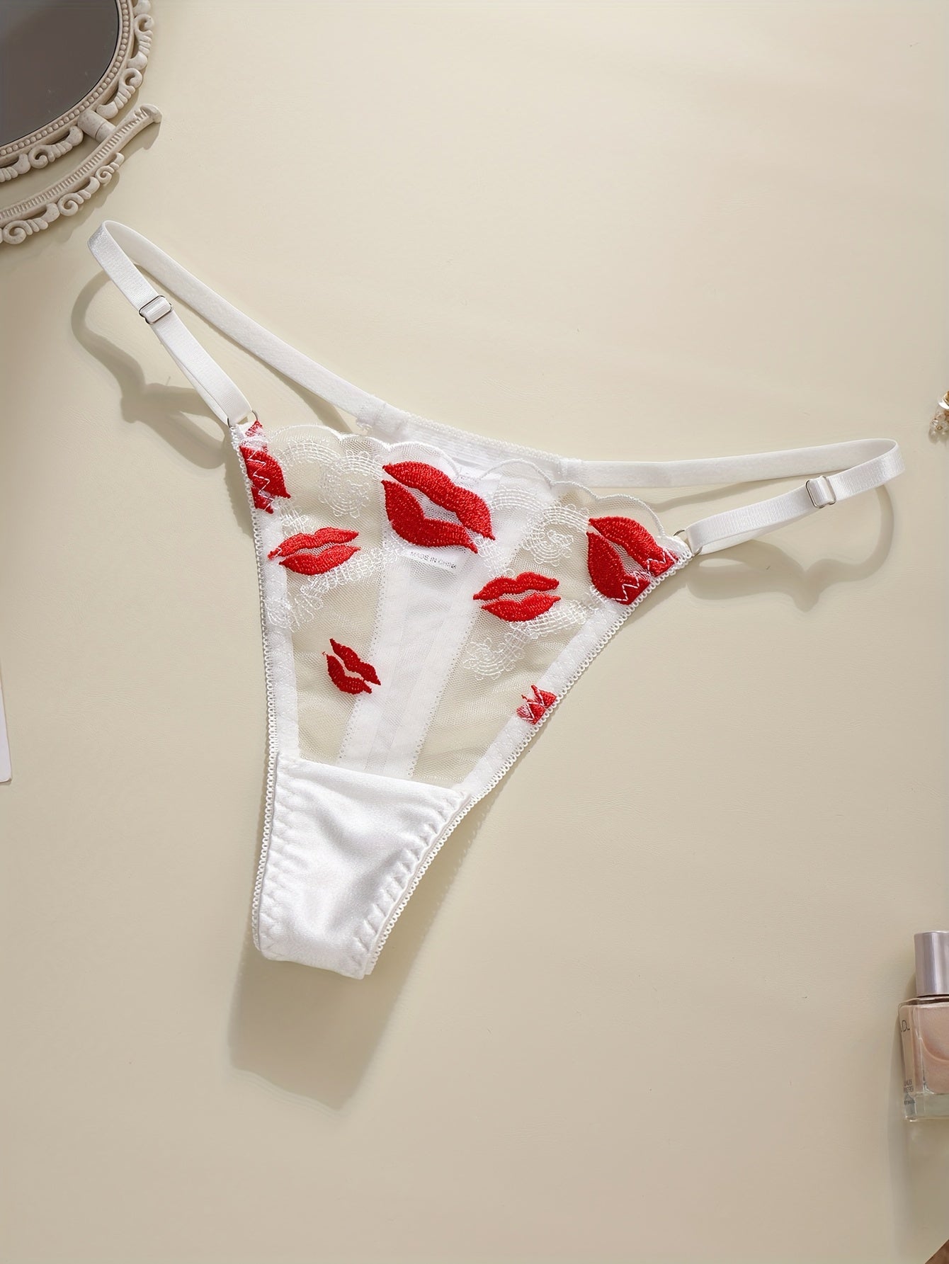 Women's Floral Embroidered Lingerie Set with Lips Pattern Polyester Knit Bralette and Thong