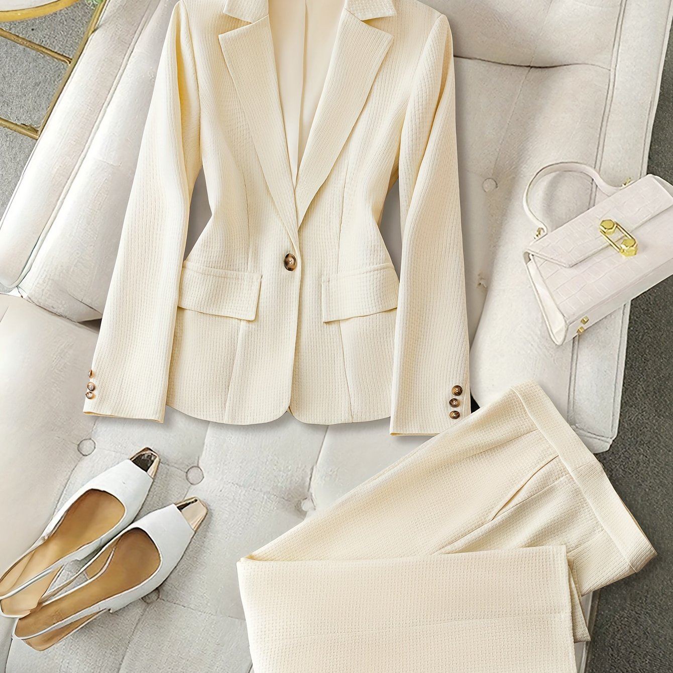 Women's Solid Color Woven Polyester Blazer and Pants Set for Fall Winter