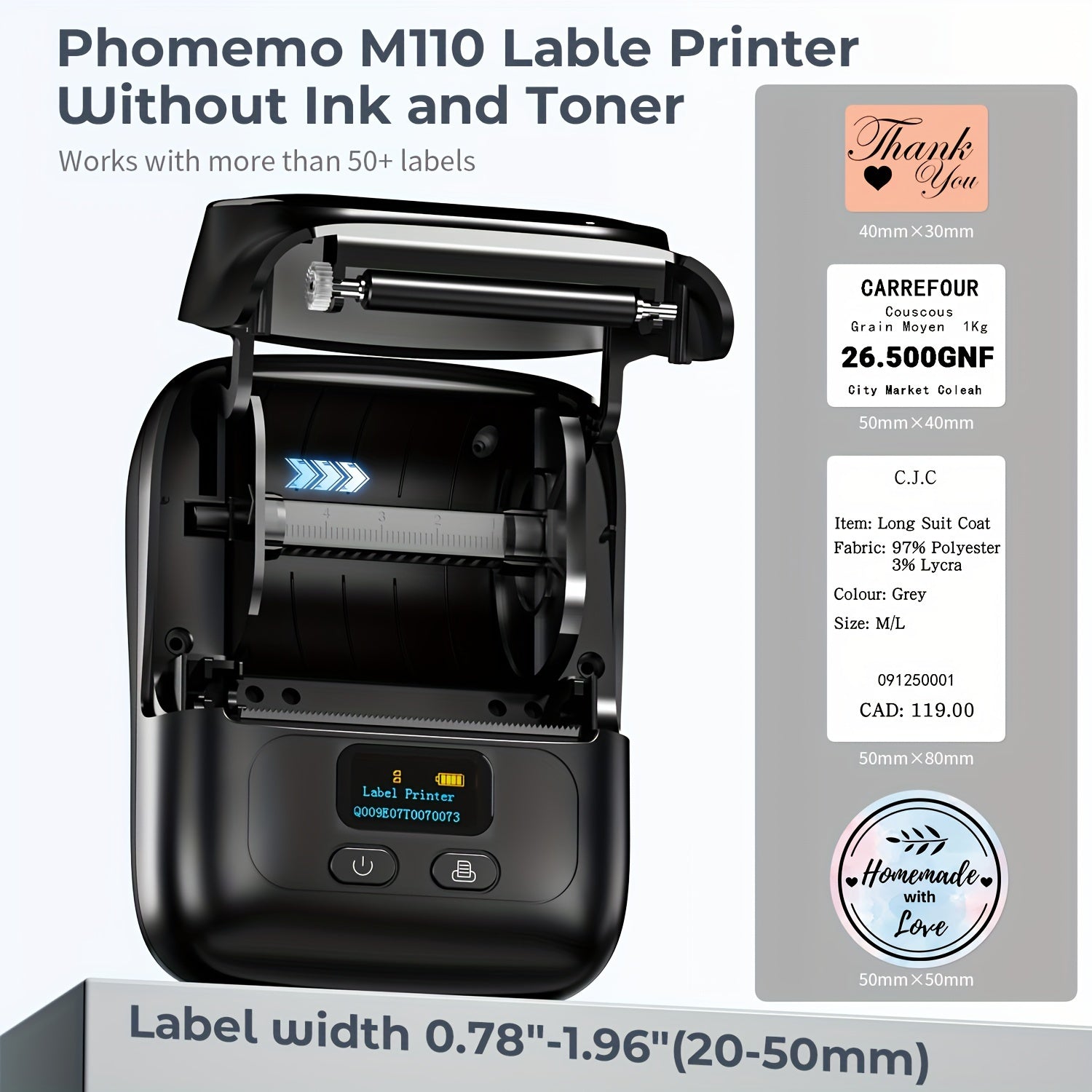 Portable Thermal Label Printer for Barcode Jewelry Clothing and Mailing 20-50mm