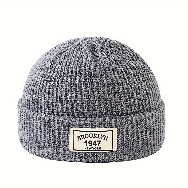 Gorro de punto para hombre, gorro cálido y elástico de invierno con parche de letras para ocio activo y regalos en vacaciones