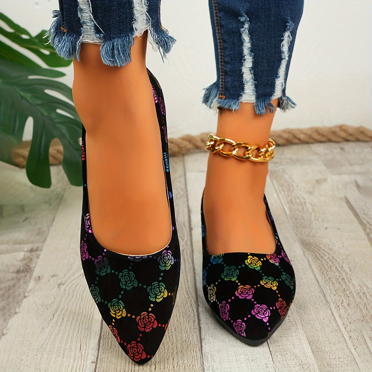 Women's Floral Pattern Mary Jane Flats Slip-On Pointed Toe Lightweight Shoes