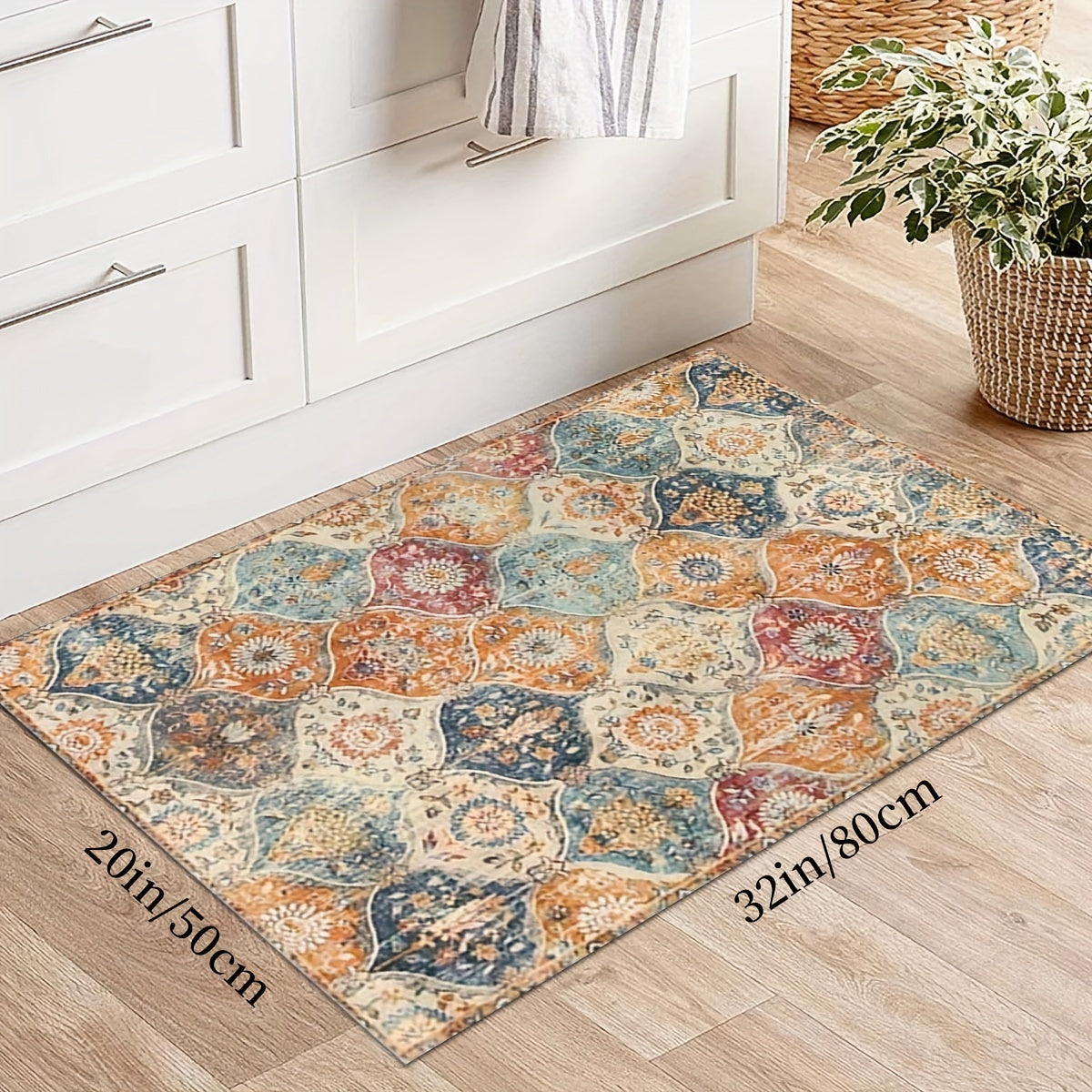 Moroccan Bohemian Kitchen Rug Non-Slip Absorbent Rectangular Polyester Easy Clean