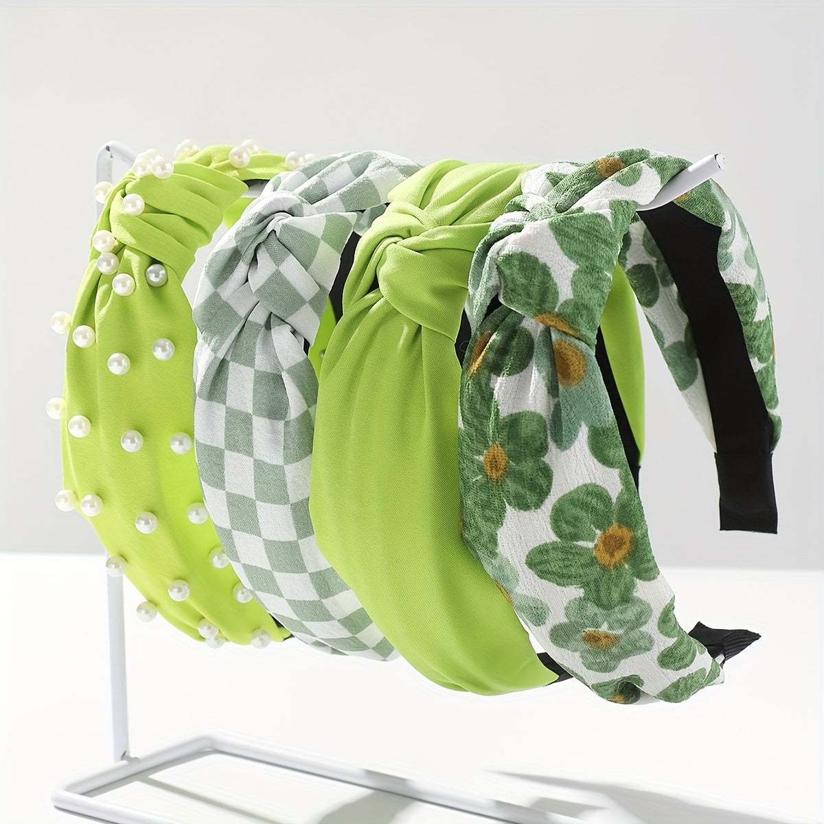 Set of 4 Women's Fabric Floral and Polka Dot Knotted Headbands with Faux Pearl Details