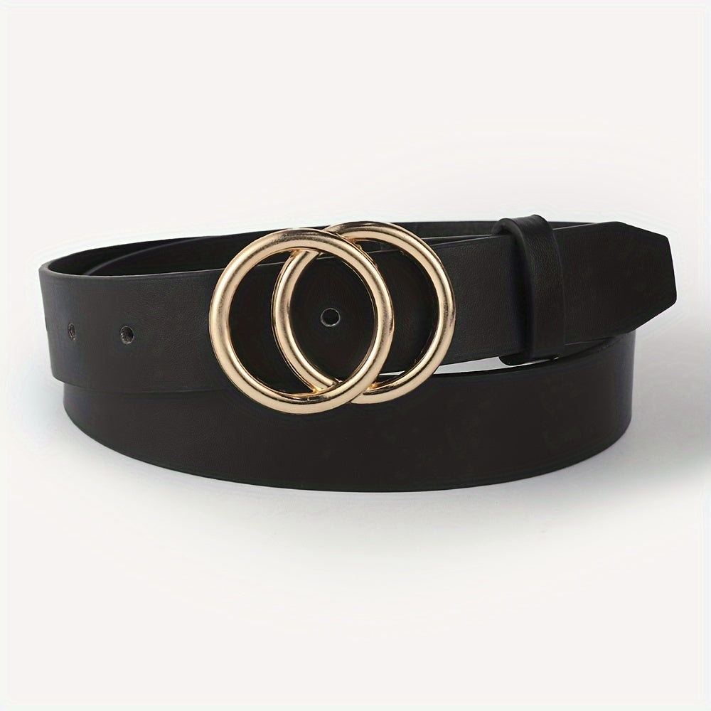 Women's Black PU Leather Belt with Double Circle Buckle for Casual Jeans